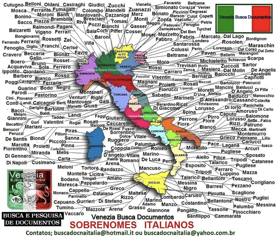 Mapa da Itália com os sobrenome italianos por região